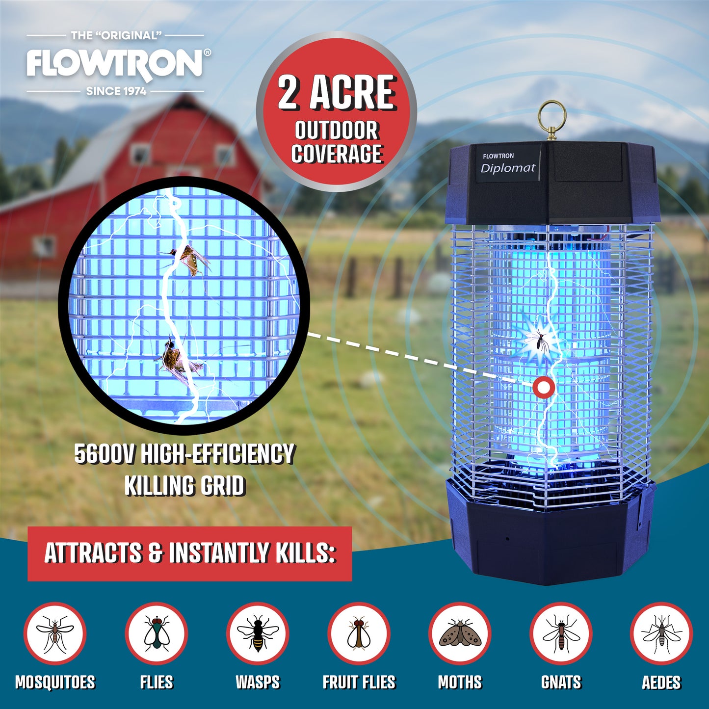Flowtron 120W Indoor/Outdoor Bug Zapper, 2000 sq.ft / 2 Acre coverage