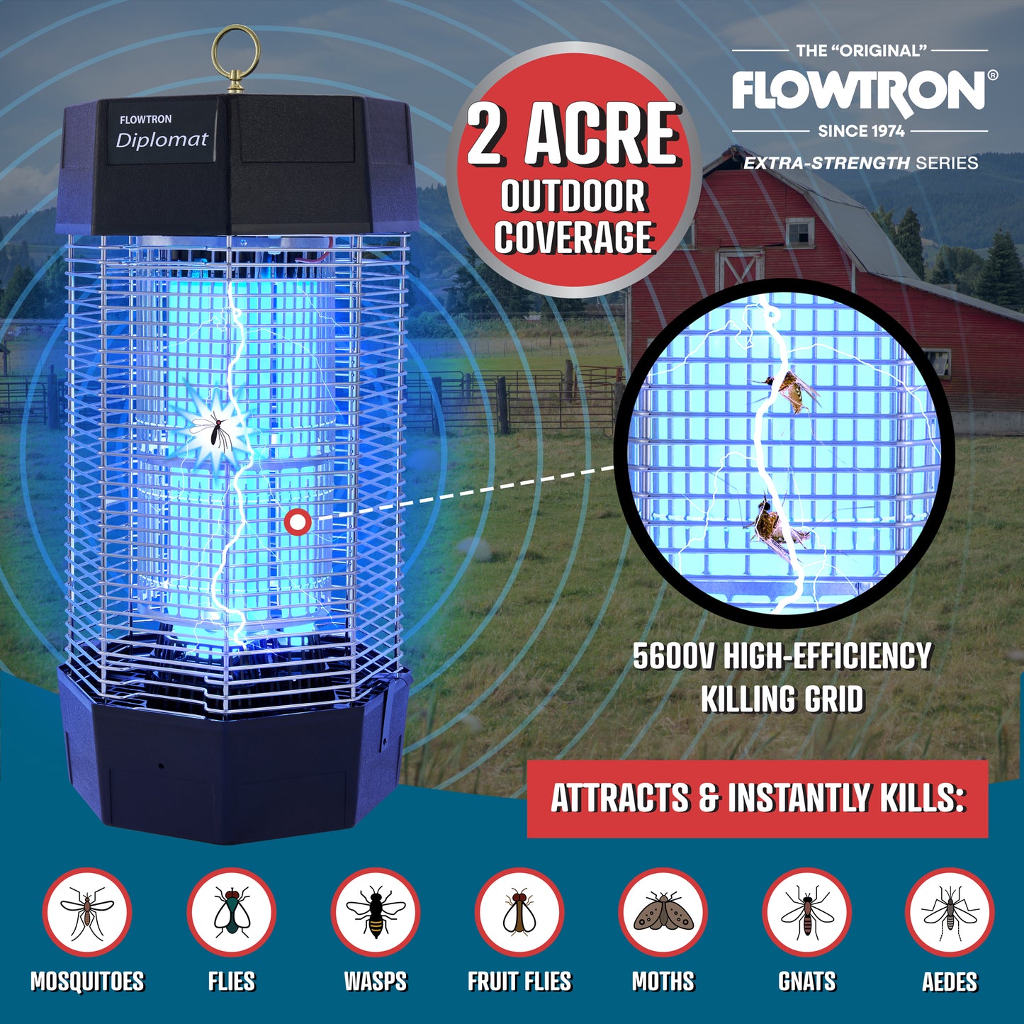 Flowtron 150W Indoor/Outdoor Bug Zapper, 2000 sq.ft / 2 Acre coverage