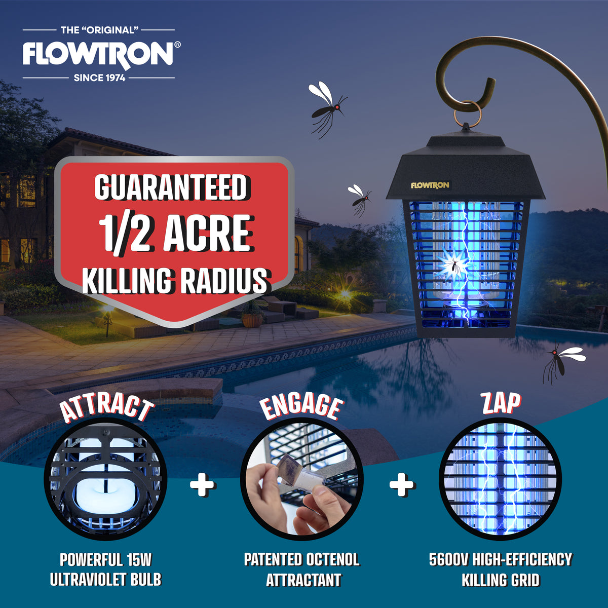 Powerful, Efficient Outdoor Bug Zapper | 1/2 Acre Coverage | Flowtron