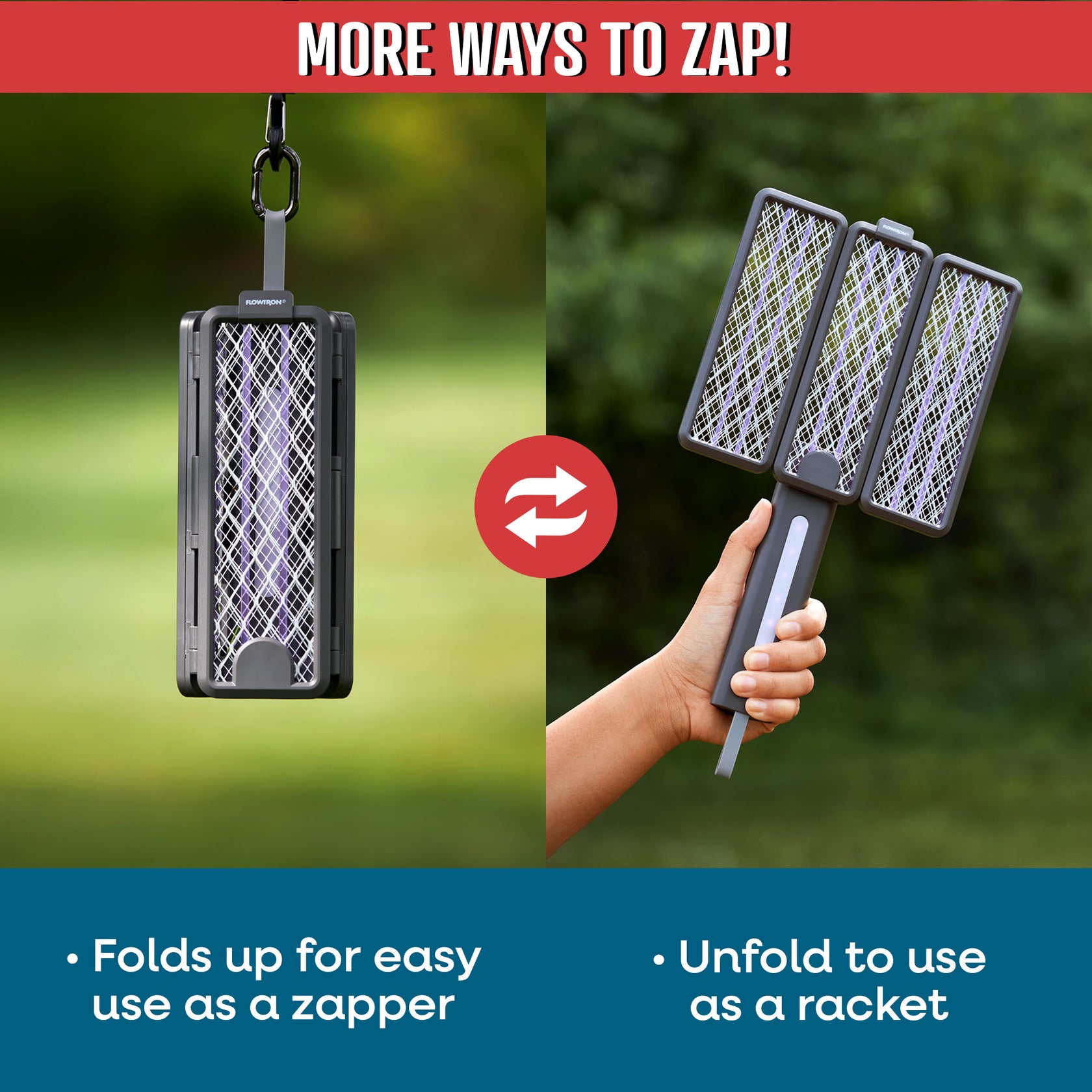Tri-Fold Bug Zapper Racket – Portable & Powerful | Flowtron